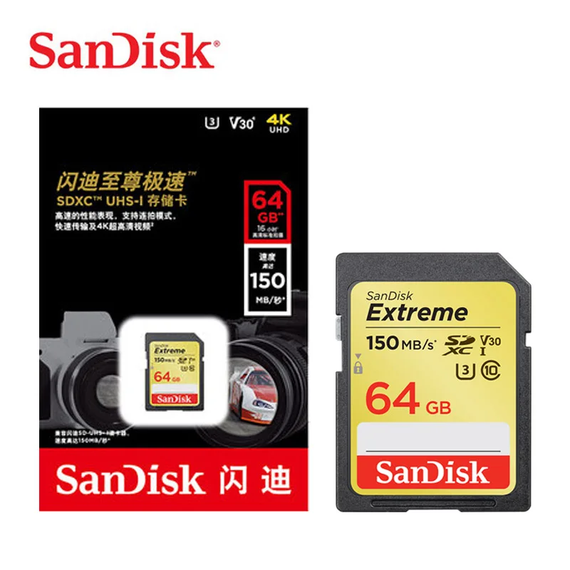 Двойной Флеш-накопитель SanDisk Memory Card Extreme SDXC SD Card 64 Гб 128 C10 U3 V30 150 МБ/с. читать Скорость UHS-I карты флэш-памяти 32 Гб 90 МБ/с. для Камера