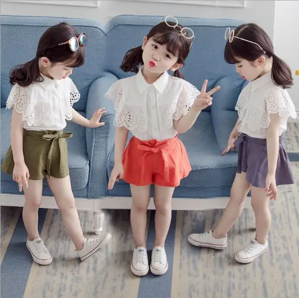 

Girl Baby Summer Clothing Set 2019 Kids Girls Cotton White Lace Shirts+Bow Belt Shorts,Children Fashion Princess suits Clothes