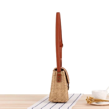 

JHD-Women'S Woven Casual Boston Handbags Handmade Straw Bag+Pu Leather Girls Vintage Square Straw Crossbody Bag Weaving Should
