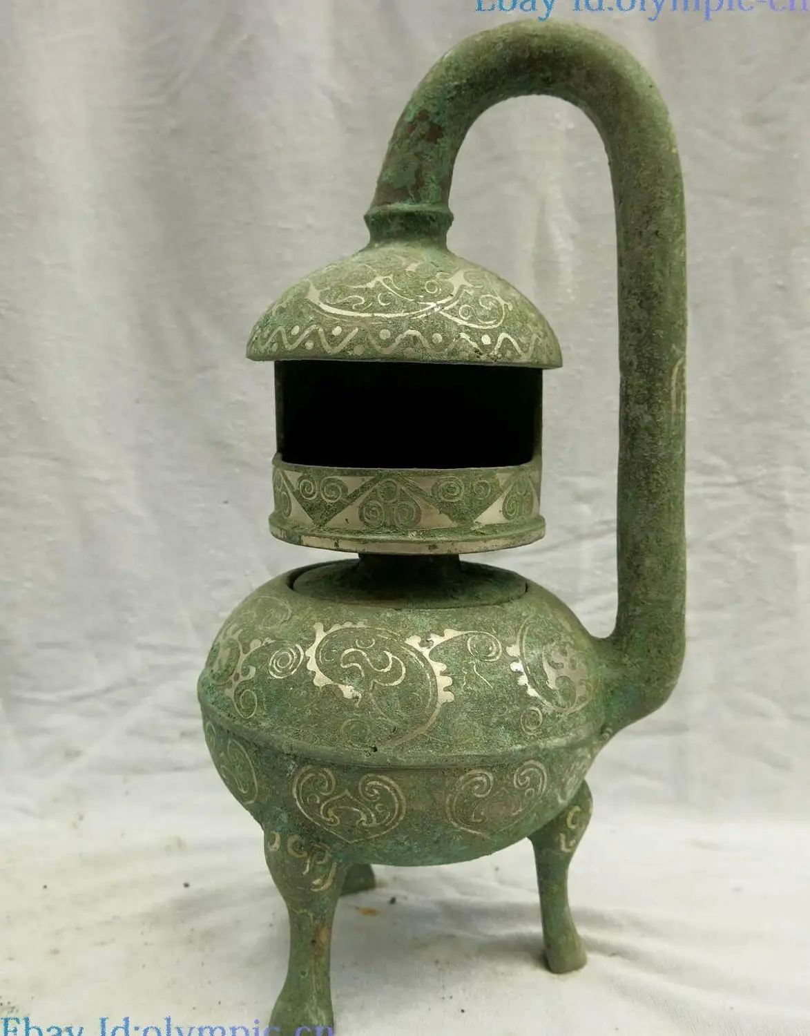 

11" China old bronze silver censer carved fine peculiar Incense Burner Statue