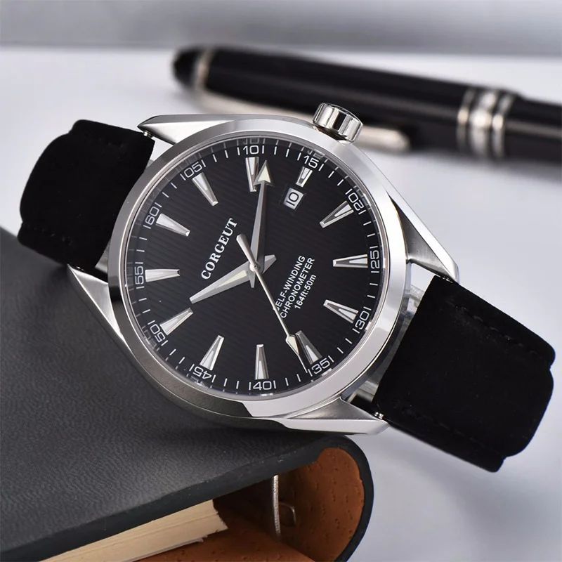 

Corgeut 41mm Men Automatic mechanical watch Clock Leather Calendar seagulls Relogio Masculino black Dial luminous Watch