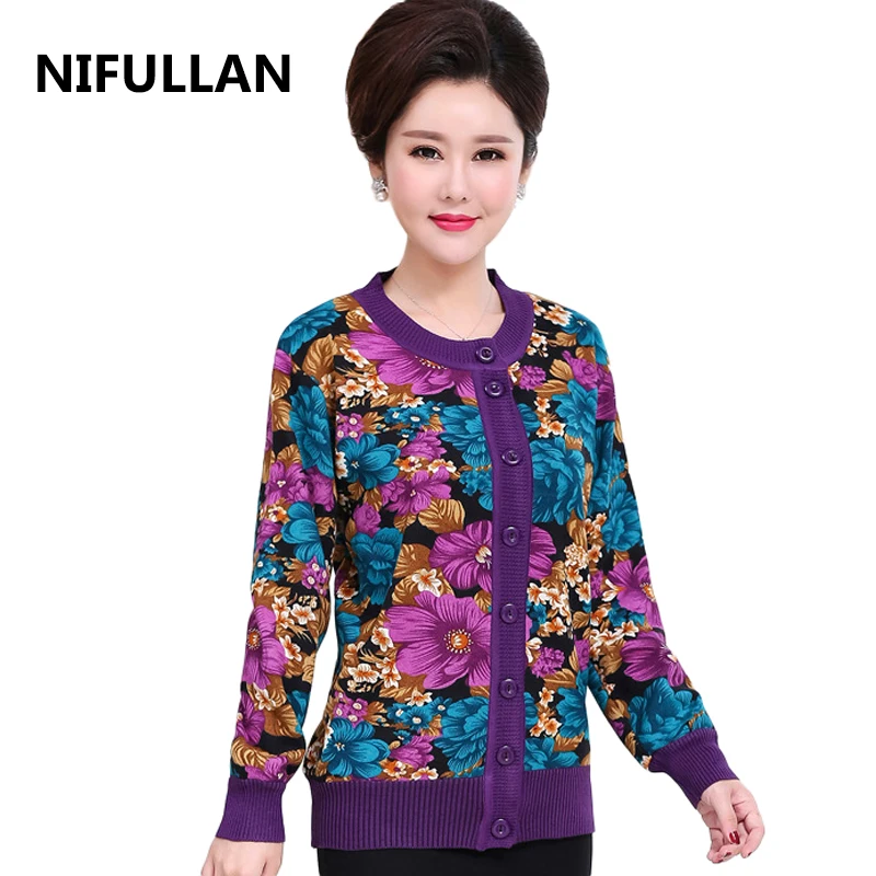

NIFULLAN Flowers Printed Women Knitted Cardigan Coat Fall Winter Long Sleeve Mother Sweater Knitwear Thick Jumper With Velvet