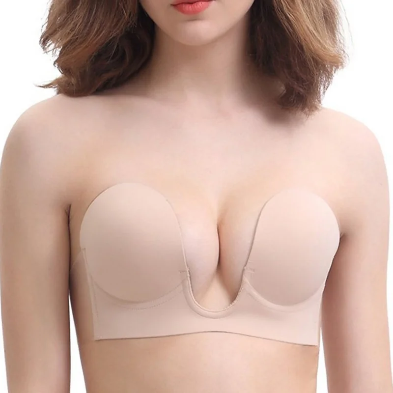 

EFINNY Strapless Sticky Self-Adhesive Silicone Brassiere Deep U Plunge Bra Invisible Push Up Bra Formal Dress For Party/Evening