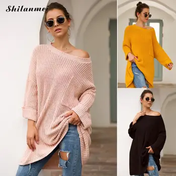 

Women Sweater Pullover Loose Oversized Knitted Long Sweaters Solid Knitwear Winter Warm Pullover Long Sleeve Causal Pull Femme