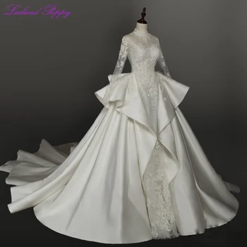 

Luxury High Neck A-line Satin Wedding Dresses Long Sleeves Lace Appliques Floor Length Beaded Ruffled Bridal Gowns Chapel Train