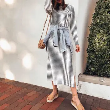 

Women Striped Long Sleeve Tops Maxi Dress Split Holiday Casual Dress Homewear Lady Soft Sleepwear Nightgrown