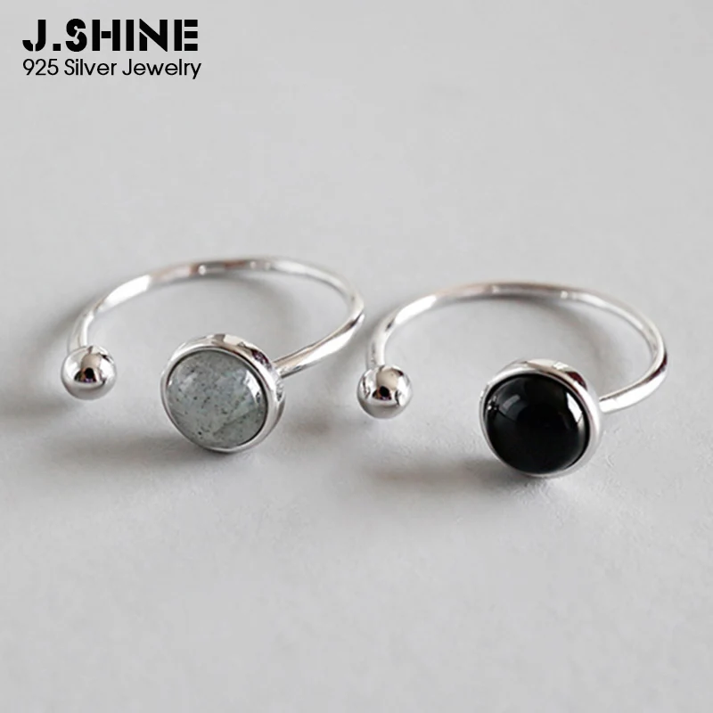 

JShine 925 Sterling Silver Fashion Geometric Ball Round Black Grey Moonstone Opening Adjustable Ring Women's Decorations