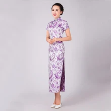 Light Purple Chinese Women Satin Cheongsam Elegant Long Qipao Novelty Pteris Dress National Clothing Size S M L XL XXL WC048