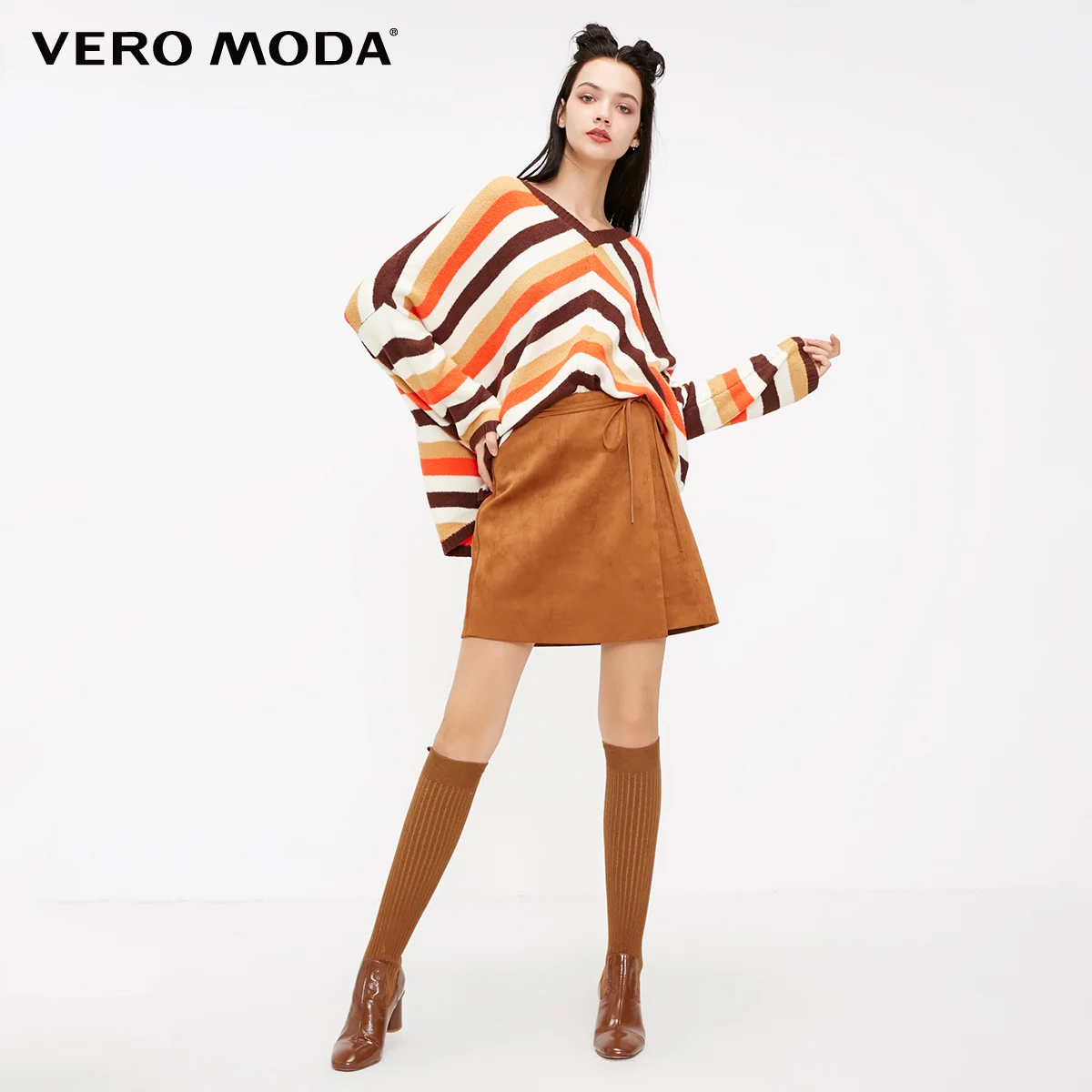 Vero Moda Новая женская Свободная одежда в полоску с v-образным вырезом с заниженным плечом уличная вязаная одежда | 318413502 - Цвет: Purple mist