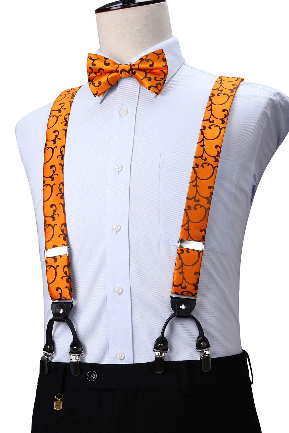 

Men Party Wedding Paisley Floral Various 6 Clips Suspenders Pre-tied Bowtie Pocket Square Set Adjustable Braces S03