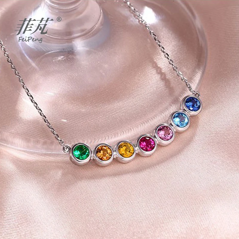 

Hot Summer 925 Sterling Silver Round Rainbow Colorful Pendant Necklace Trendy Charm Jewelry with Corundum & Nano for Women Gift