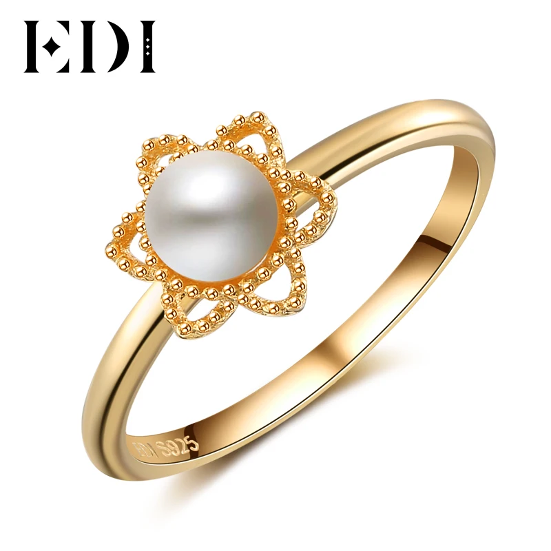 

EDI Ring Romantic 5mm Natural Freshwater Pearls Engagement Ring For Women Genuine 14k Yellow Gold Wedding Bands Fine Jewelry