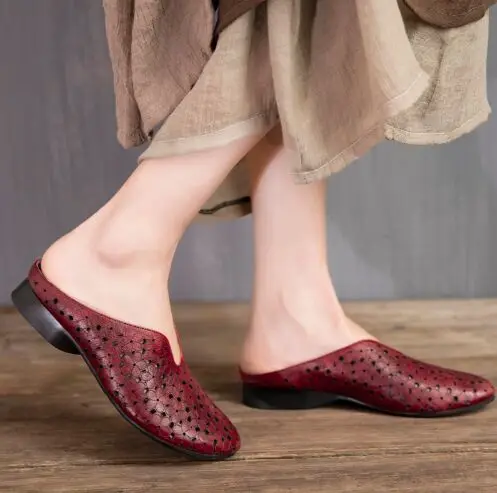 

women fashion Slipper in summer  Retro handmade shoes flats Genuine leather Comfortable soft bottom ventilation free