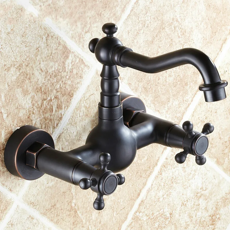 

A1 American retro all-copper black wall faucet hot and cold Wall-mounted kitchen barrel faucet LU41329