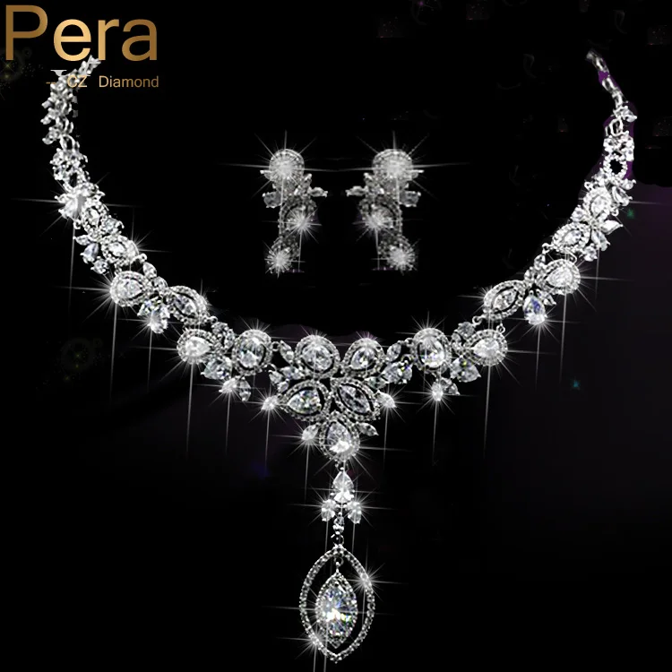

Pera Luxury Dubai Women Wedding Jewelry Sparkling Silver Color Long Big Oval Drop Necklace Sets With Clear White CZ Crystal J066