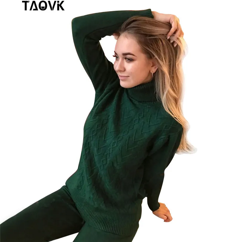 Женский вязаный костюм двойка TAOVK комплект из топа и брюк с высоким воротником