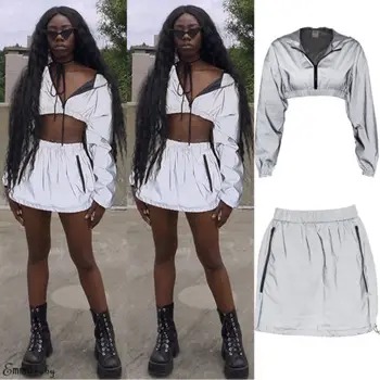 

Sexy Women 2PCS Bodycon Reflective Zip Crop Top Skirt Set Clubwear Dress Party