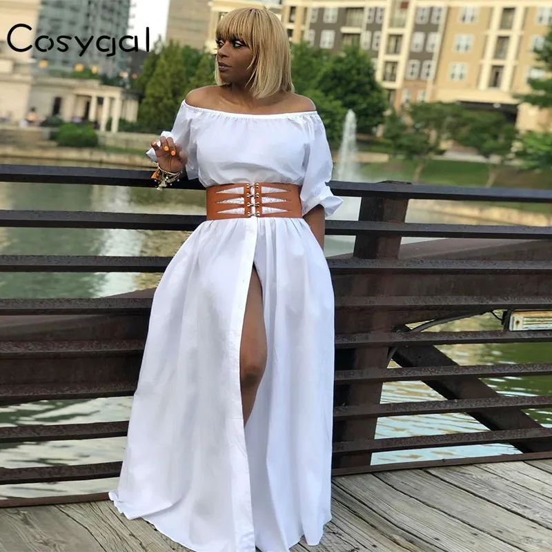 

COSYGAL Off Shoulder Split Sexy Dress Floor Length Nightclub Maxi Dress Women Solid Evening Party Dresses Female Summer Dresses