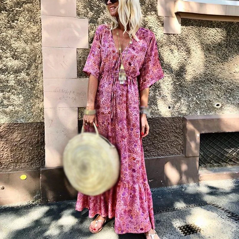

Women Clothing Summer V-Neck Half Sleeve Bohemian Printed Holiday Dress Beach