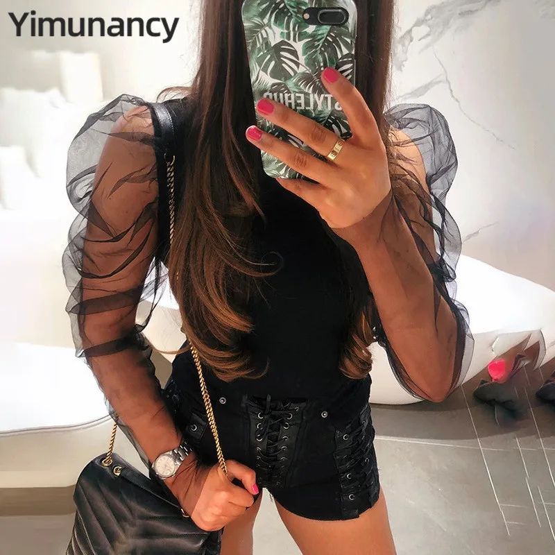 

Yimunancy Autumn New Long Sleeve Patchwork Mesh Top Women Puff Sleeve Top Ladies Black White Tops Blusas