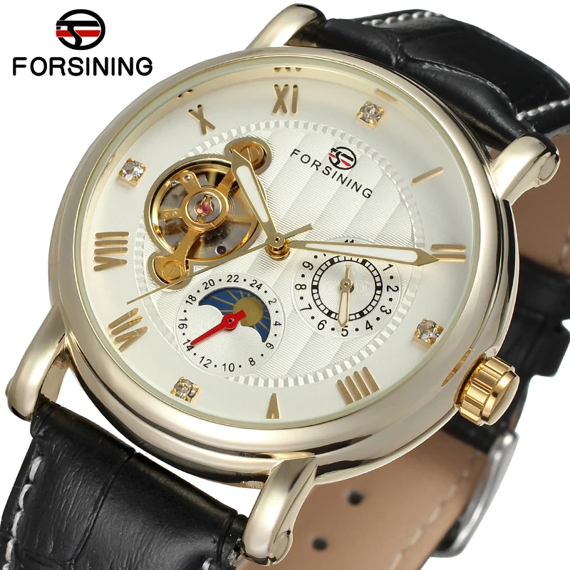 

FSG800M3G2 Forsining brand men Automatic self- wind dress round analog watch with moon phase gift box whole sale free shipping