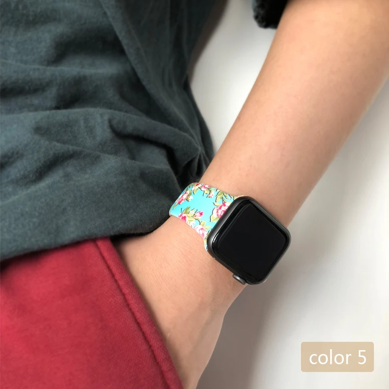 Цветочные женские ремешки для Apple watch Series 5 4 3 2 1 40 мм 44 мм силиконовый Печатный ремешок для iWatch Series 4 3 2 1 38 мм 42 мм - Цвет ремешка: Color 5