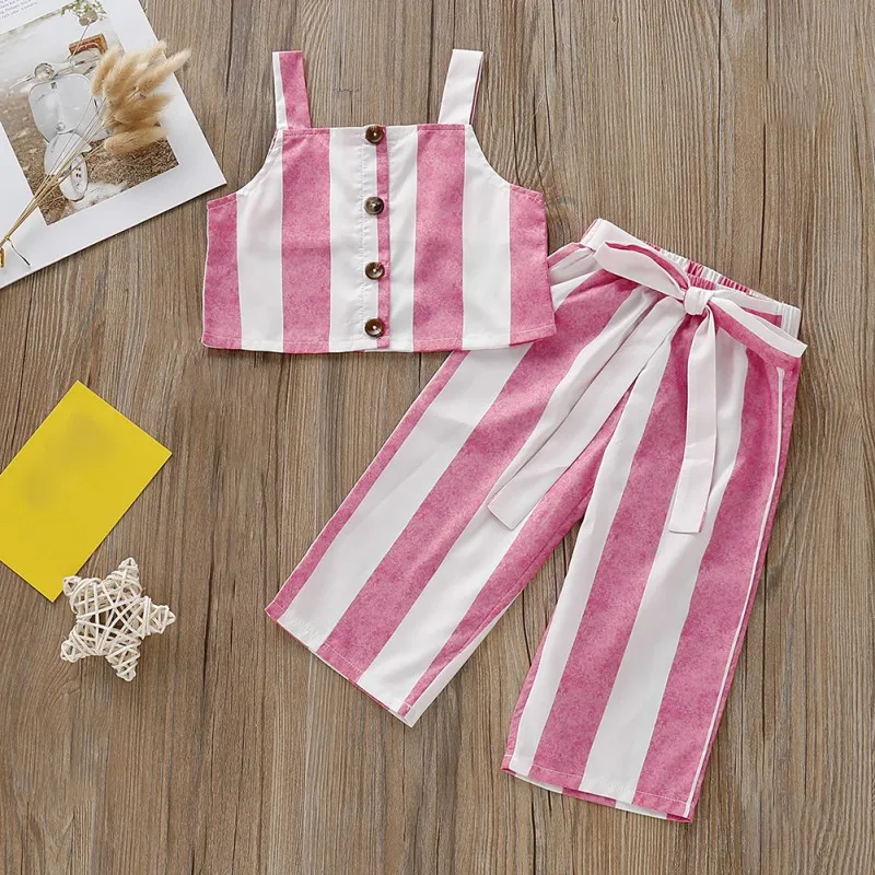 

Summer Baby Girl Cute Striped Sleeveless Garment And Trousers Kit Kid Two-piece Outfit Set 1-5Y Lovely Toddler Girl Clothes