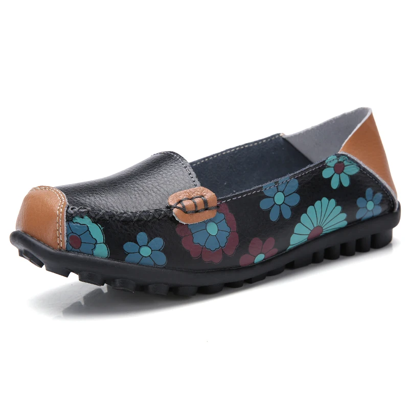 WeiDeng/женская повседневная обувь из натуральной кожи; удобные мягкие водонепроницаемые мокасины; Gommino; обувь на плоской подошве с модным принтом; слипоны; лоферы - Цвет: Black