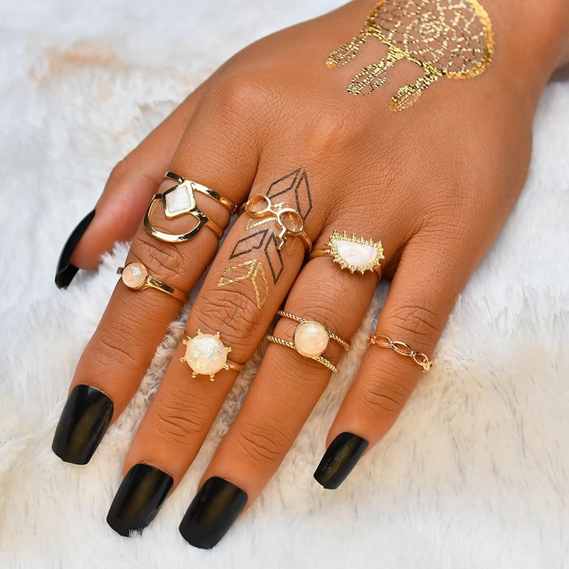 

7pc/set Women Charm Gold Bohemia Midi Finger Ring Set Colorful Jewelry Knuckle Ring Set Girl Jewelry Gift