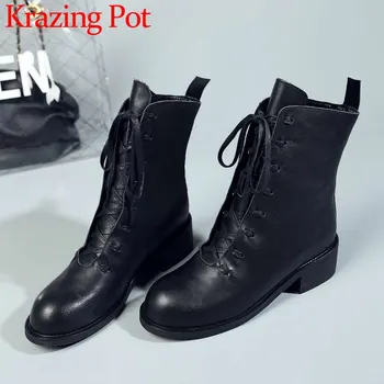 

Popular superstars featured med square heels round toe cow leather lace up retro british style western boots mid-calf boots L01