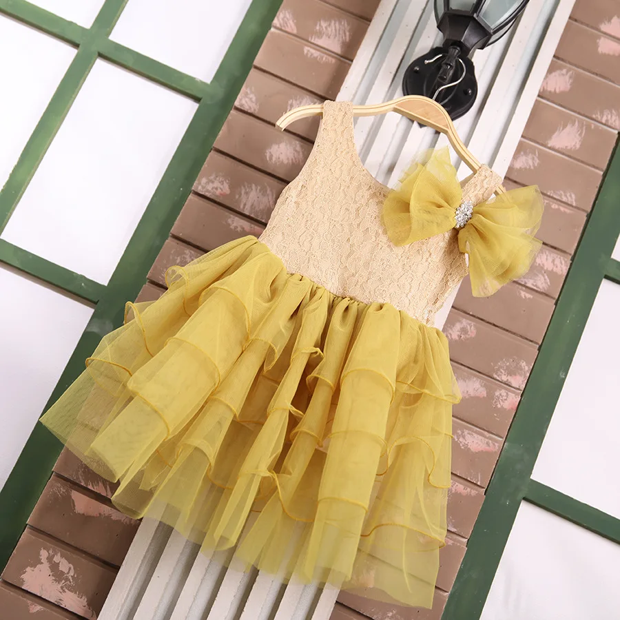

&E-babe&Wholesale 2016 summer children's clothing toddlers girls lace flower bowknot tutu dress kids bright princess tulle dress