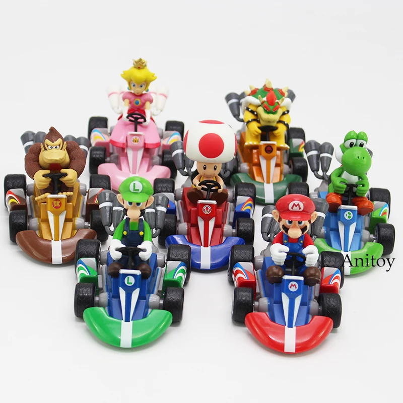 

Super Mario Brothers Mario Luiji Peach Bowser Toad Donkey Kong Yoshi Pull Back Racers Car PVC Figure Collectible Toys for boys
