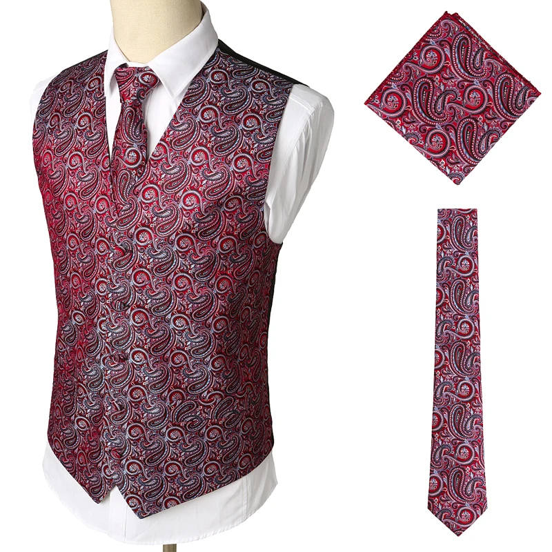  Covrlge Men's Classic Paisley Jacquard Waistcoat Vest Handkerchief Party Wedding Tie Vest Suit Pock