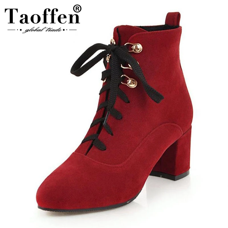 

TAOFFEN Women Ankle Boots Winter Lace Up Fur Winter Shoes Woman Pointed Toe High Heel Boots Fashion Zipper Shoes Size 31-44