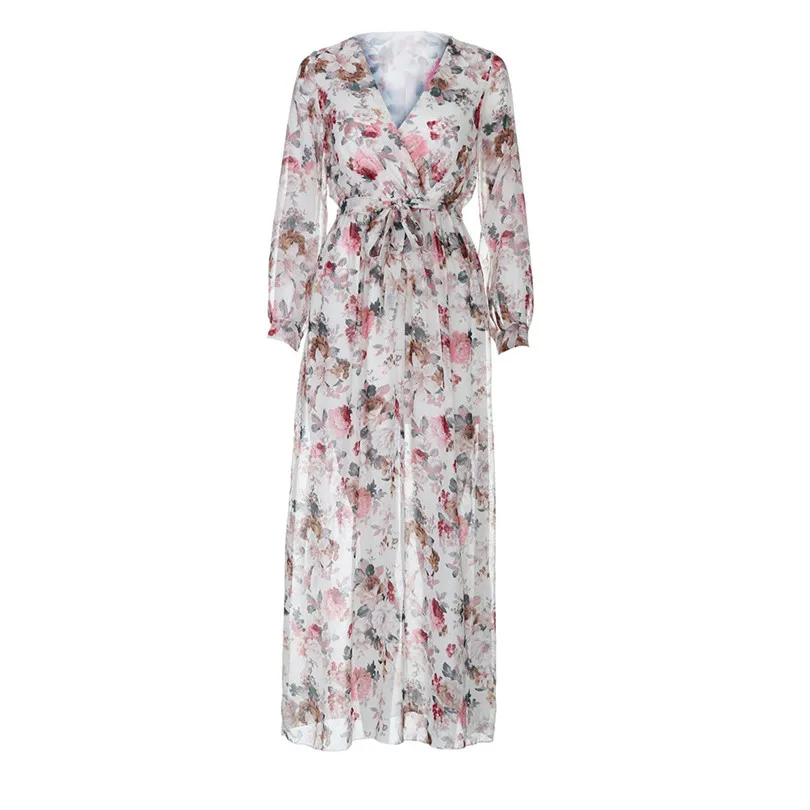 Women Summer Sexy Chiffon Maxi Long Sleeved Dress Vintage vestidos Dress V Neck Floral Print Beach Party Dress #4M22 (10)