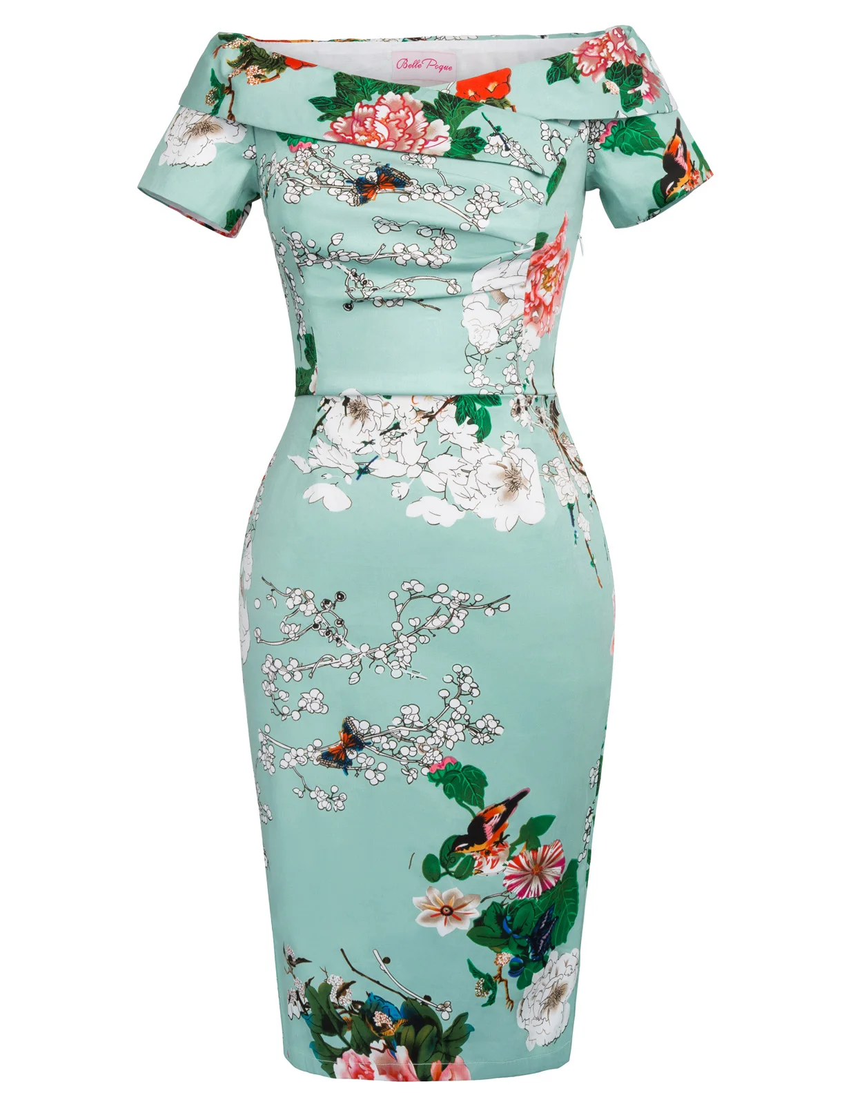 

BP Sexy floral dress elegant Retro Short Sleeve Off Shoulder design Hips Wrap slim knee length work pencil bodycon vintage Dress