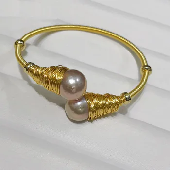 

Baroque Purple Natural Freshwater Pearl Open Cuff Bangle Bracelet Handmade Vintage Gold Wire Wrap Pearl Bridal Bangles For Women