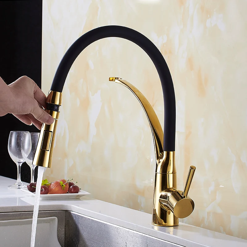  Pull Down Kitchen Faucet Gold Hot and Cold Water Crane Mixer Deck Mounted Kitchen Sink Faucets with - 32993119363