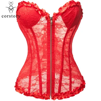 

Corstory Transparent Floral Zipper Lingerie Gothic Lace Bridal Overbust Slimming Bustier XXL Steampunk Corset Victorian Sexy Red