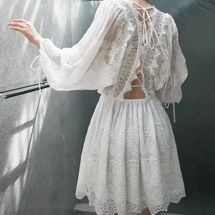 

Embroidery Lace Dress Hollow Out Lace-up Fairy White Dress Batwing Sleeve Summer Vocation Beach Dress Vestido Robe Femme 2018