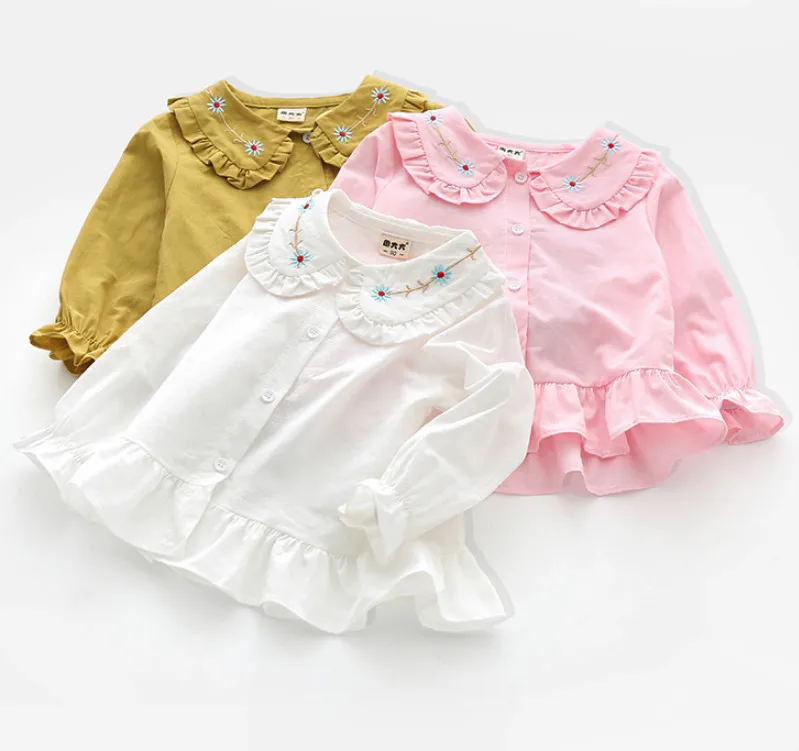 

New Toddler Girl Shirts Baby Girls Flower Embroidery Collar Blouses Long Sleeve Ruffle Tops Kids Children Cotton Clothes Outwear