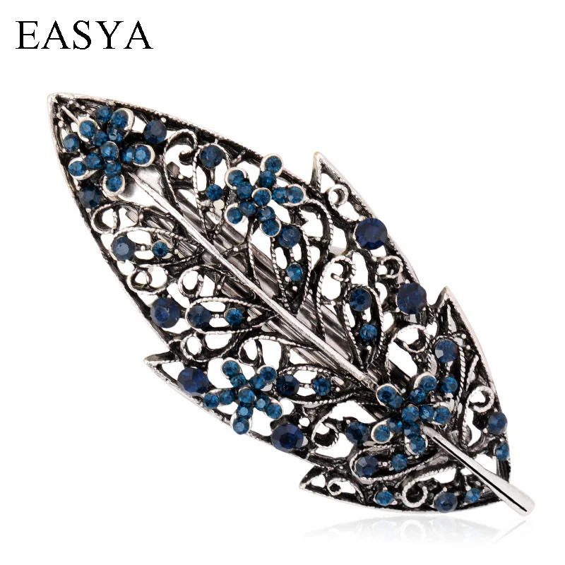 

EASYA Vintage Antique Silver Crystal Leaf Barrettes Hair Accessories New Hot Sale Flower Hairpins Headwear