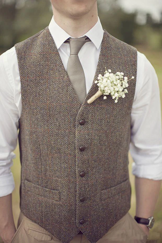 

Country Farm Wedding Brown Wool Herringbone Tweed Vests Custom Made Groom Vest Slim Fit Mens Suit Vest Prom Wedding Waistcoat