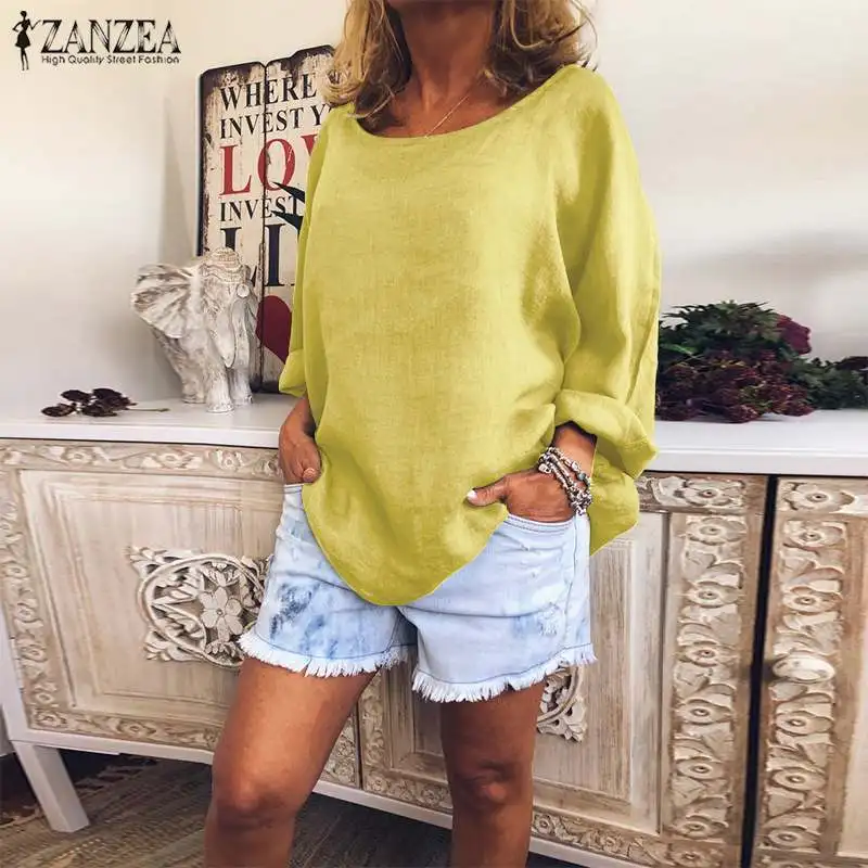 Plus Size Women Casual Solid Blouse ZANZEA Female Long Sleeve Thin Shirt Loose Cotton Tunic Ladies Outwear Tops Blusas Chemise