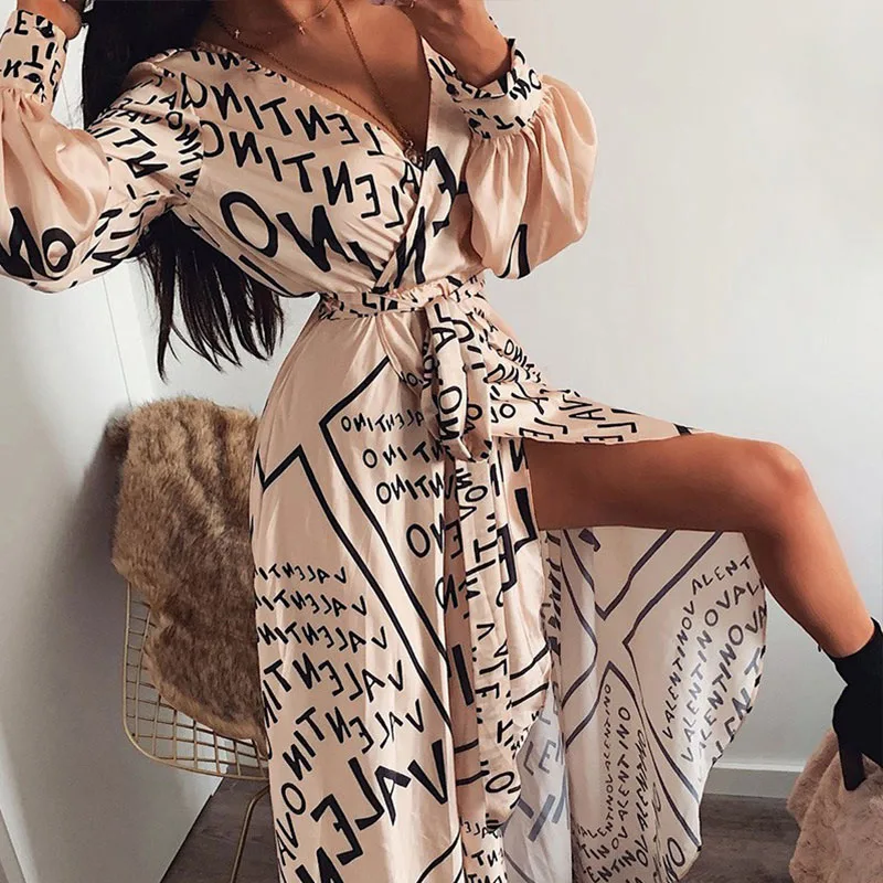 

vintage satin letter print long dress Wrap v-neck party dress robe Long sleeve pink sexy dress 2019 vestidos de fiesta