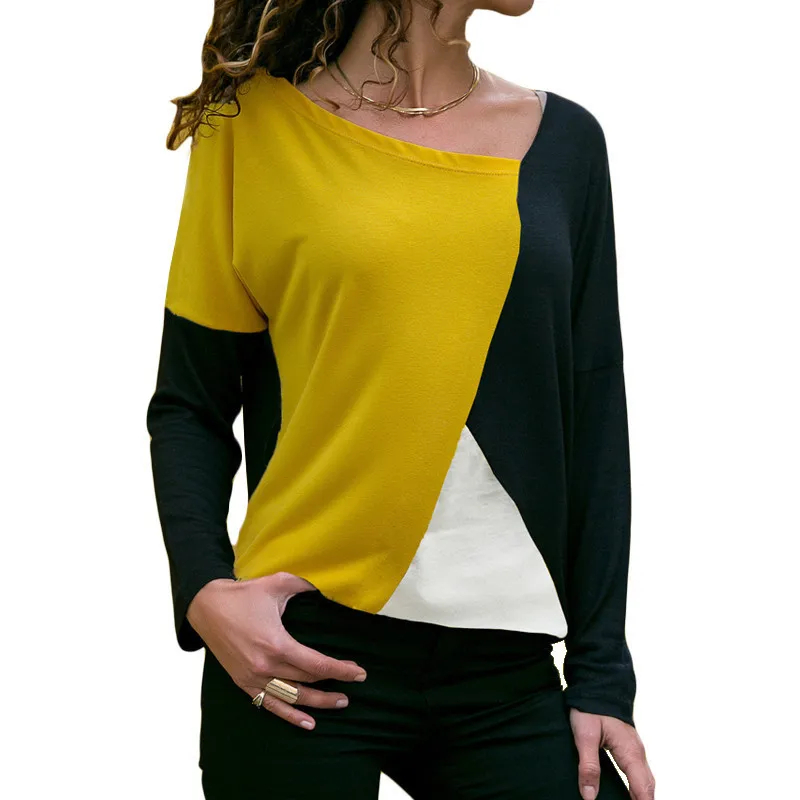 New T Shirt Women Fashion Patchwork Color Block Shirt Leisure Long Sleeve Top Cotton Casual Loose T-Shirt Ladies Office Top - Цвет: Yellow Black