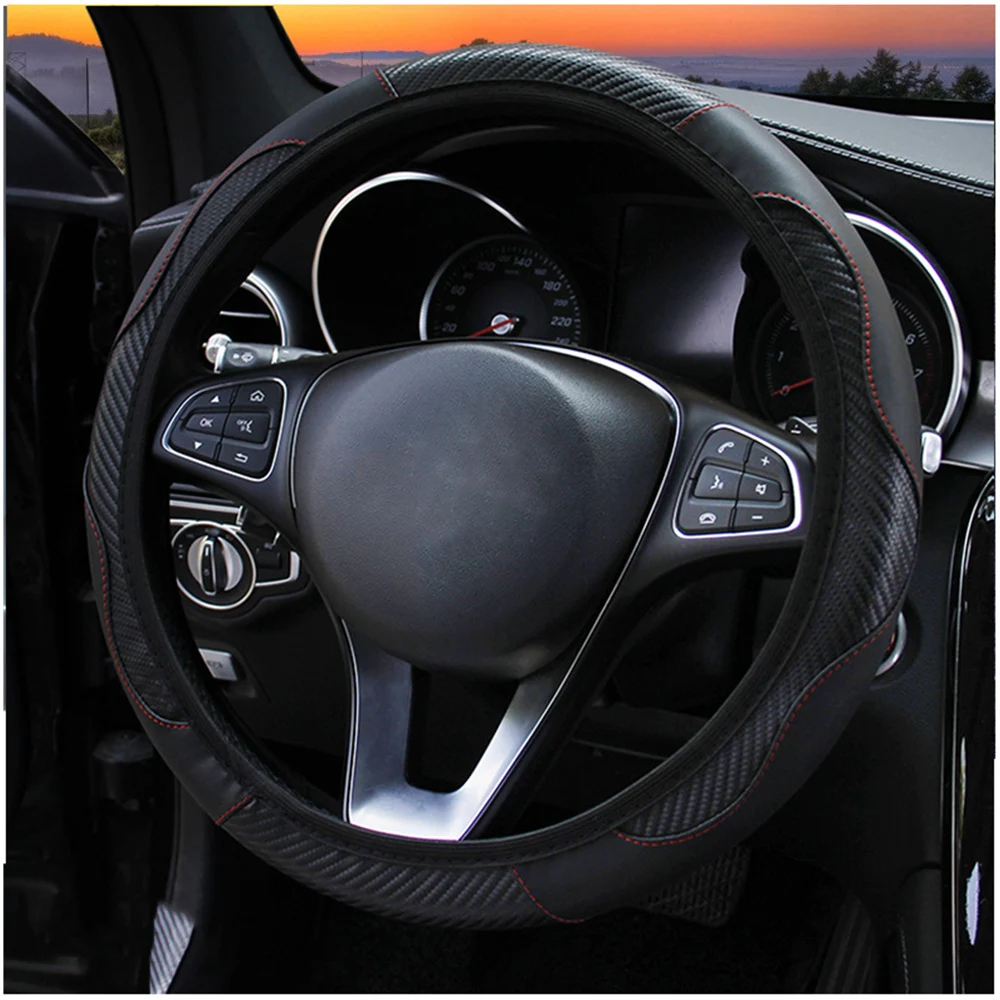 LEEPEE Car Steering Wheel Cover Suitable for 37-38cm Carbon Fiber PU Leather Steering Covers Anti Slip Breathable - Название цвета: Черный