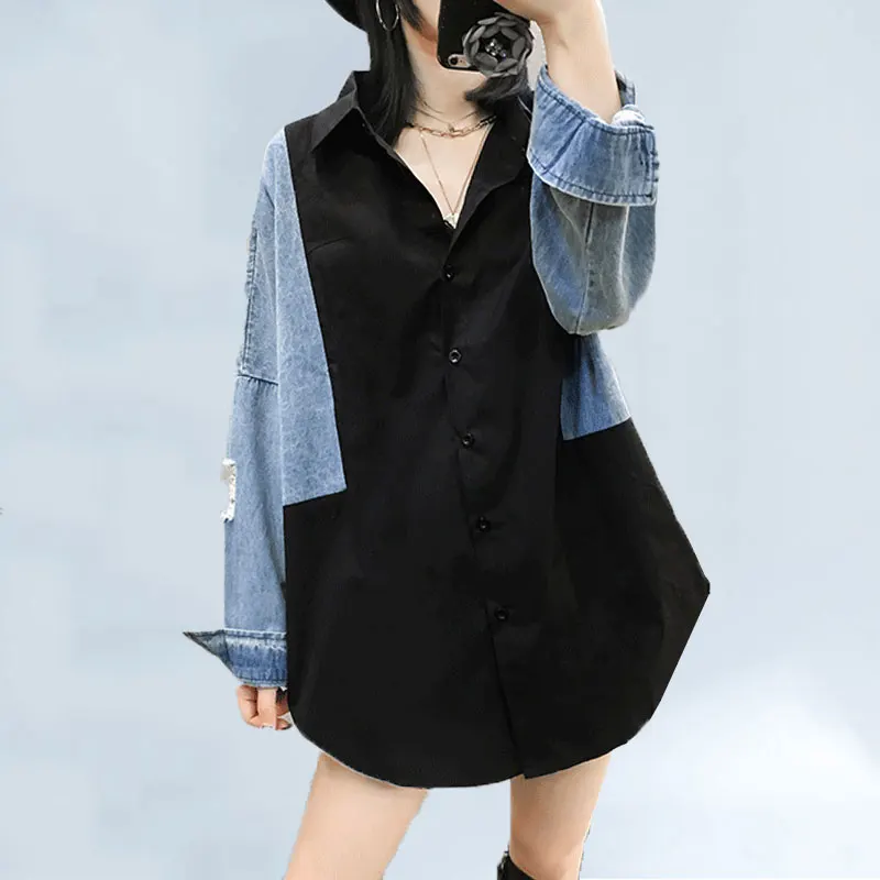 

2019 Patchwork Denim Long Sleeve Women Blouses Turn-down Collar Korean Fashion Plus Size Top Summer Autumn Loose Female Shirt 38