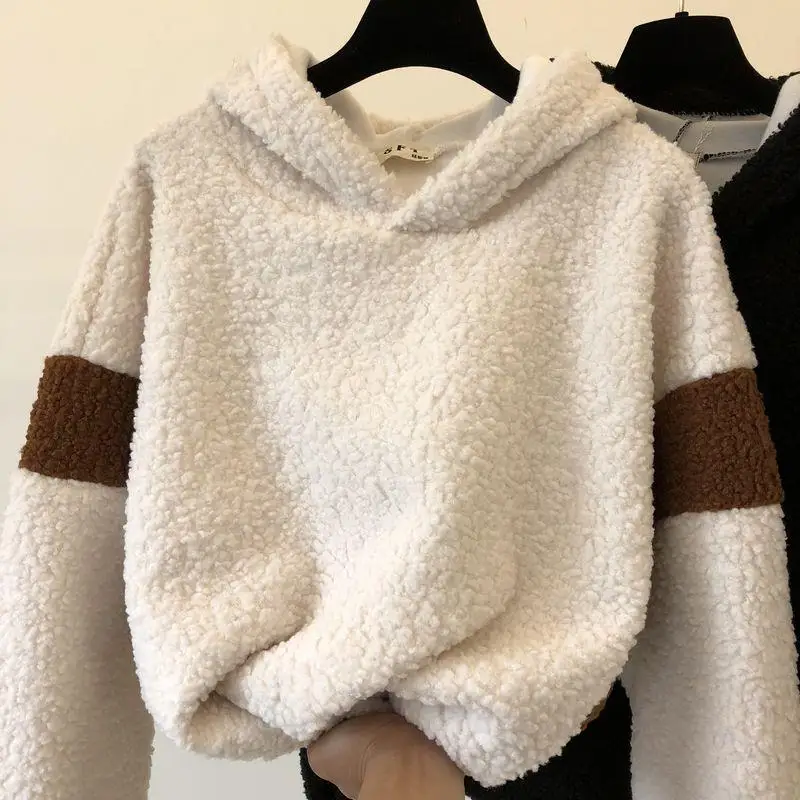 Fleece Hoodie Women Autumn Winter Korean Version Loose Panel Lamb Fur