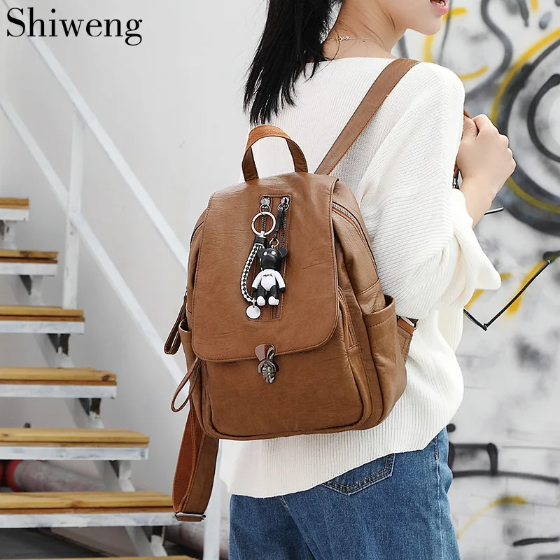 

shiweng 2019 Fashion Women Backpack Leather Backpacks for Girls Female woman Shoulder Bag Ladies Travel Backpack Bags